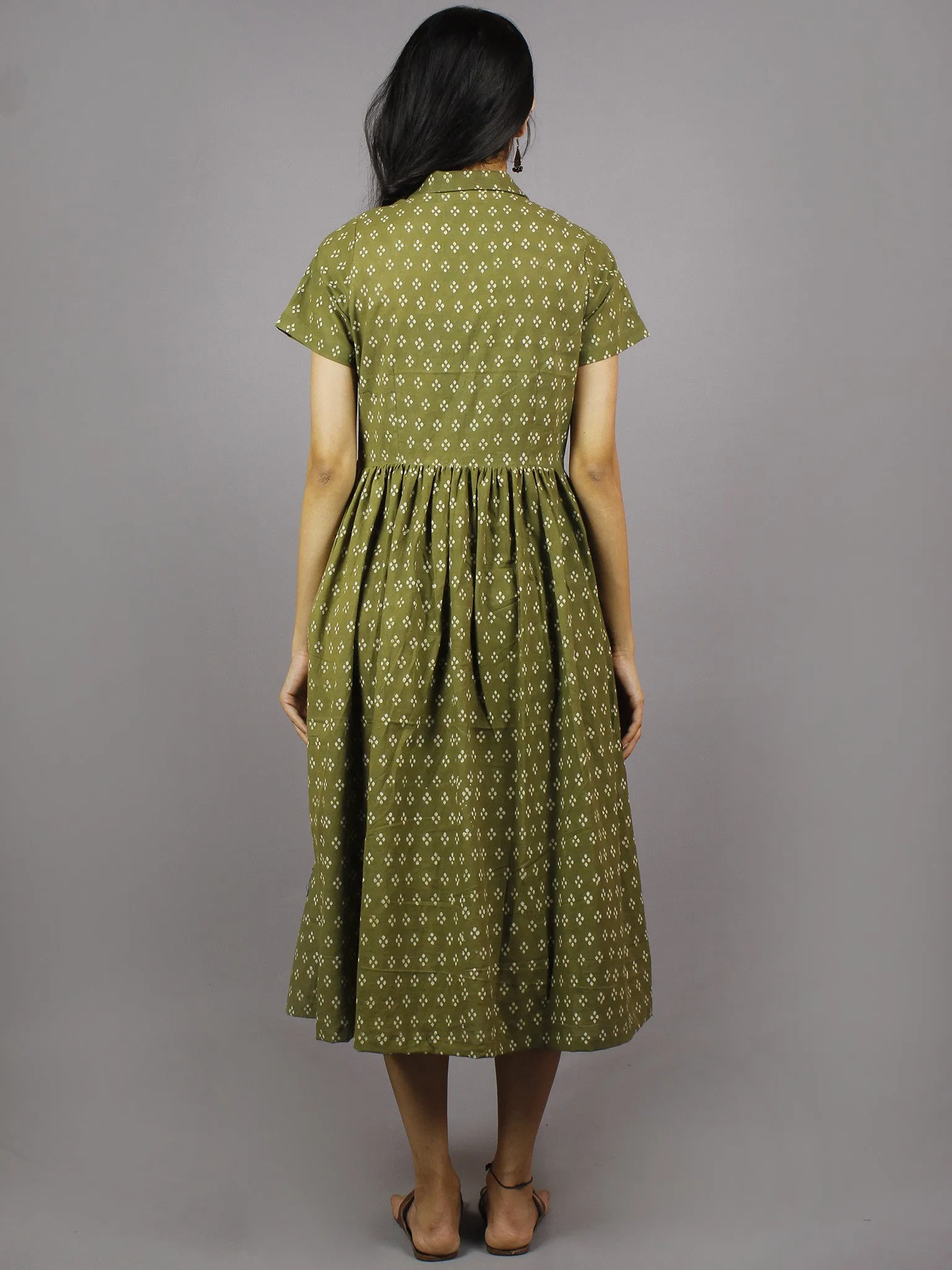 Olive Green Ivory Hand Block Cotton Dress With Gathers And Side Pockets - D4144501