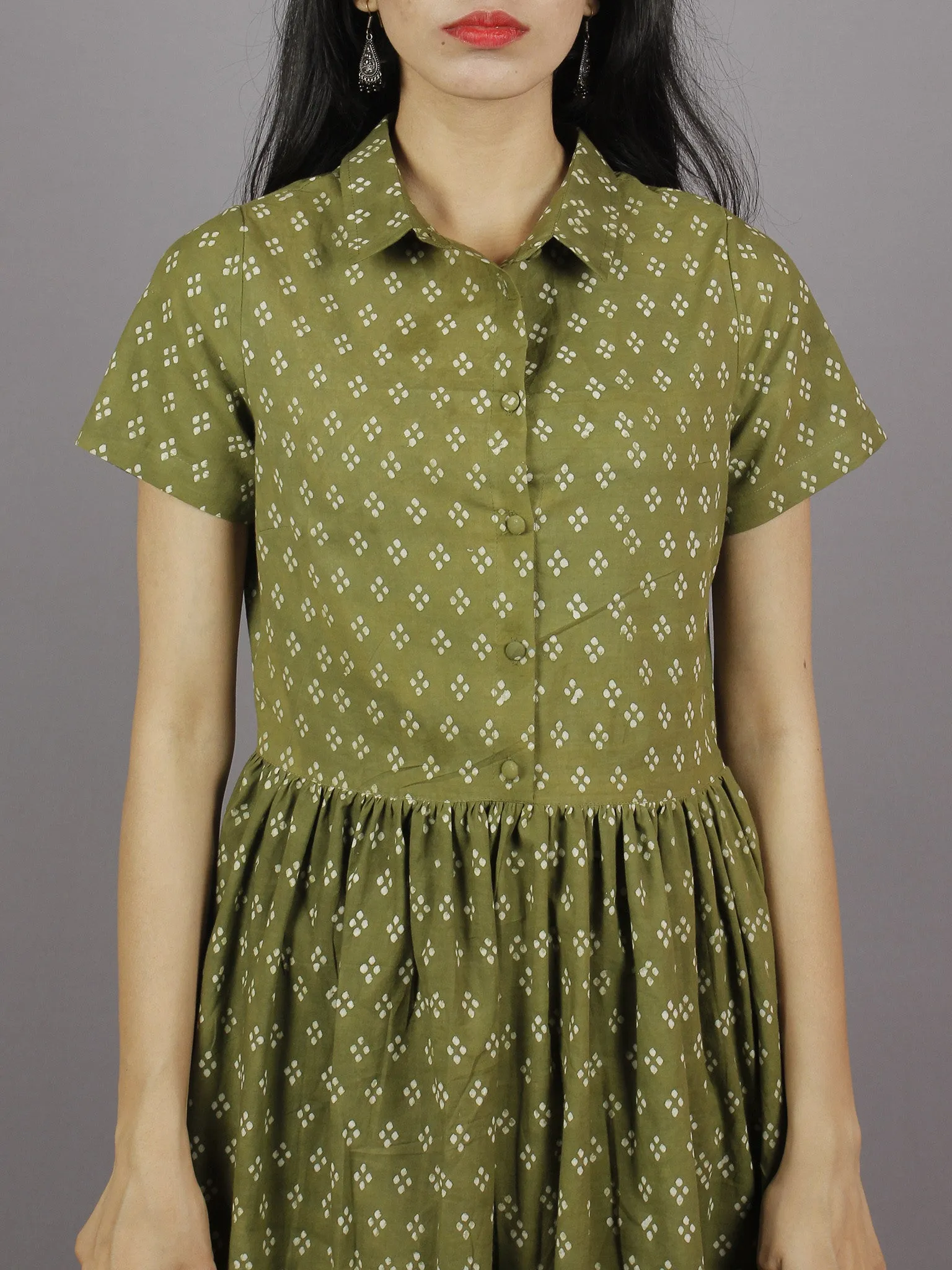 Olive Green Ivory Hand Block Cotton Dress With Gathers And Side Pockets - D4144501