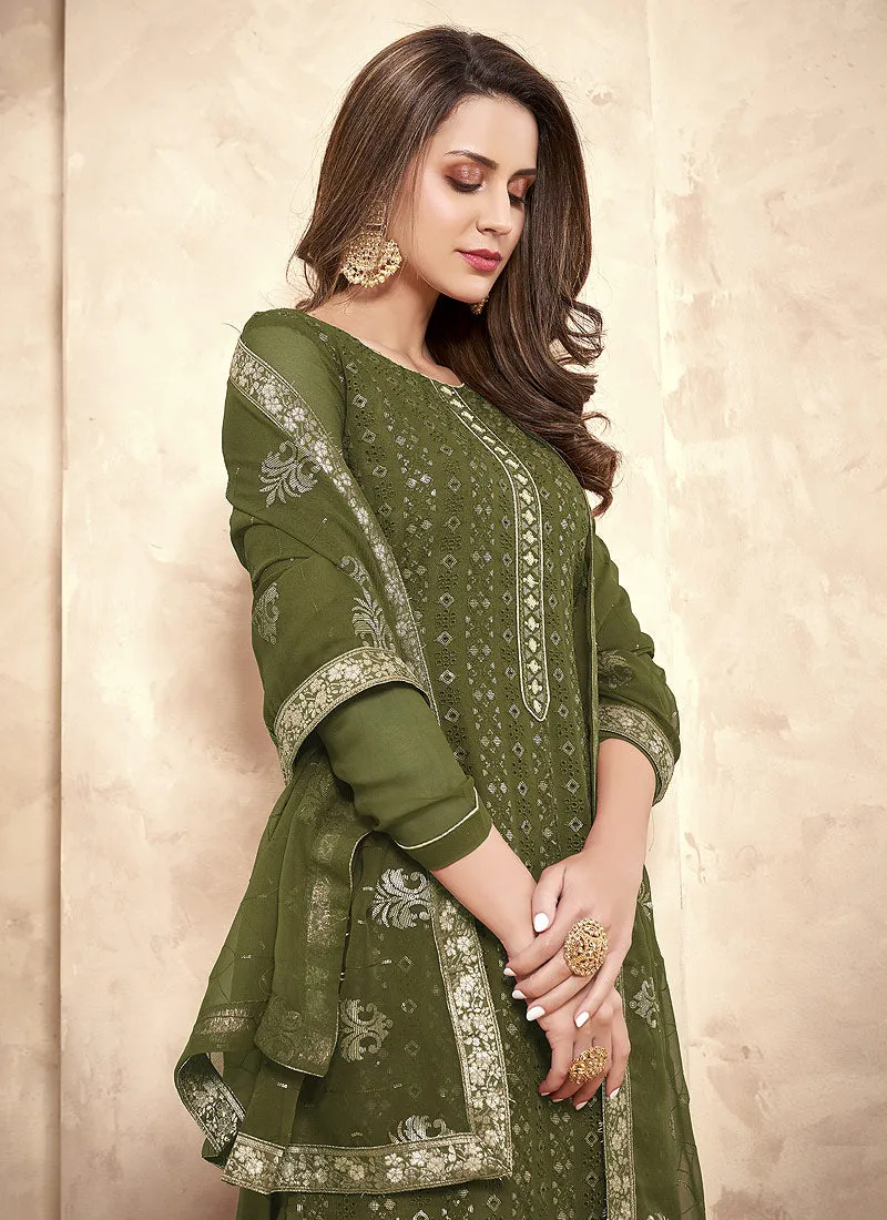 Olive Green Sequence Embroidered Pakistani Pant Suit