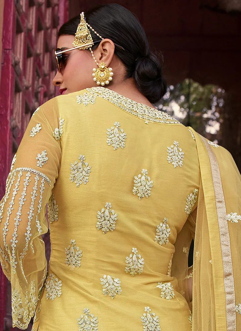 Pale Yellow Embroidered Designer Gharara Suit