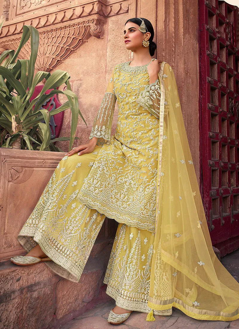 Pale Yellow Embroidered Designer Gharara Suit