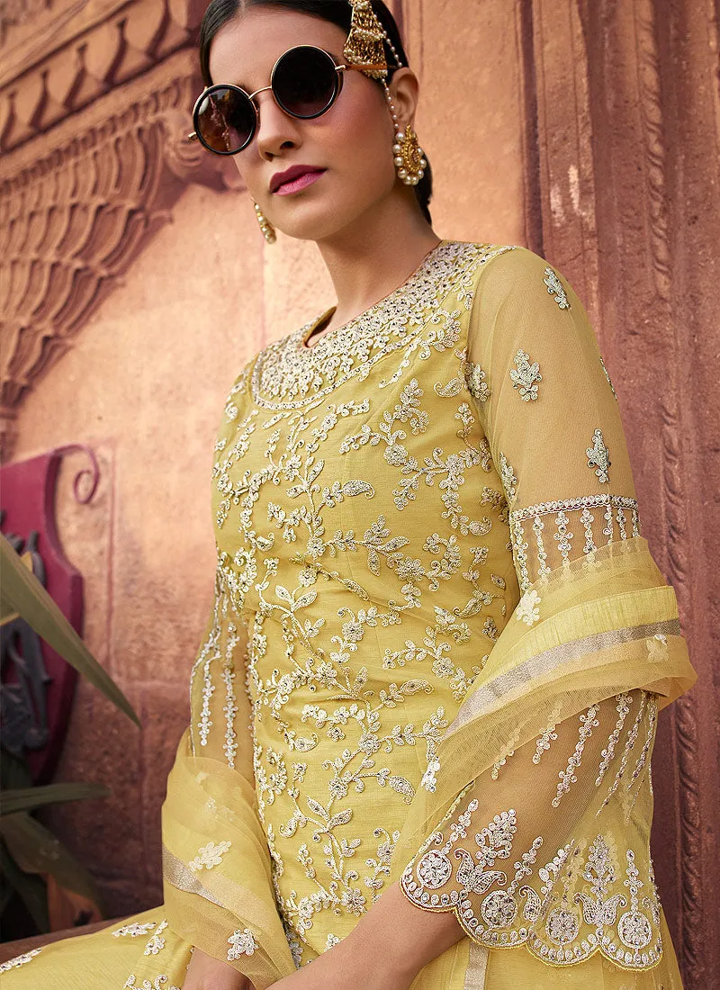 Pale Yellow Embroidered Designer Gharara Suit