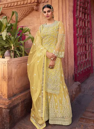 Pale Yellow Embroidered Designer Gharara Suit