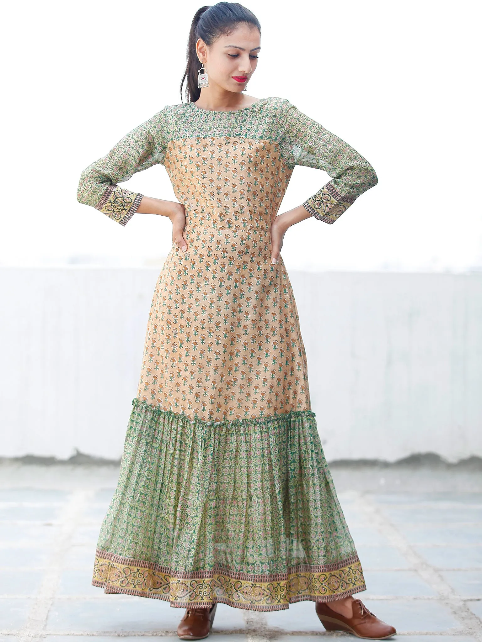 Pastel Complements - Hand Block Printed Long Chanderi Silk Dress - D354F1924