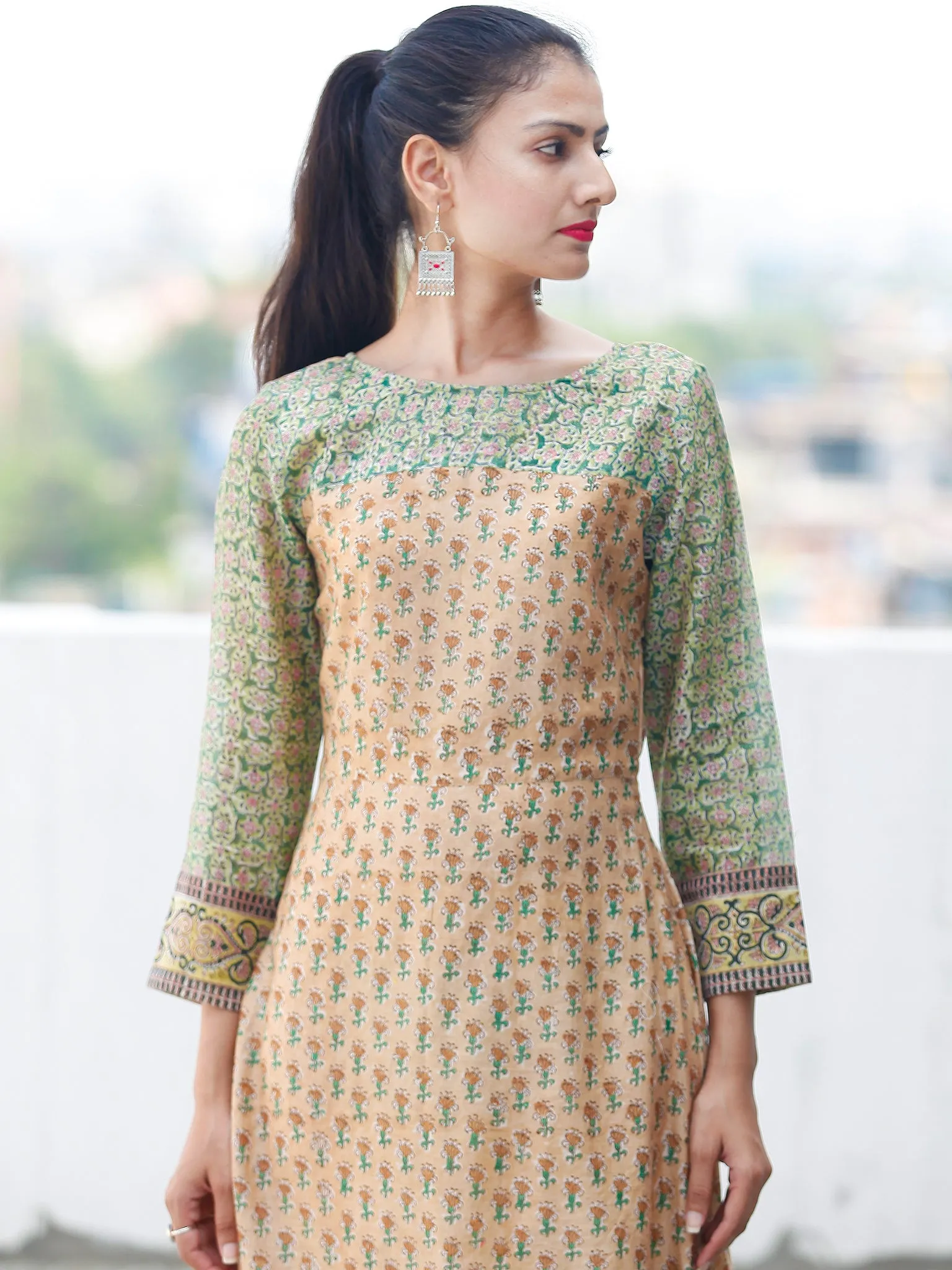 Pastel Complements - Hand Block Printed Long Chanderi Silk Dress - D354F1924