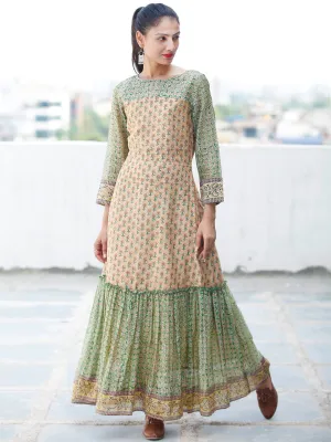 Pastel Complements - Hand Block Printed Long Chanderi Silk Dress - D354F1924