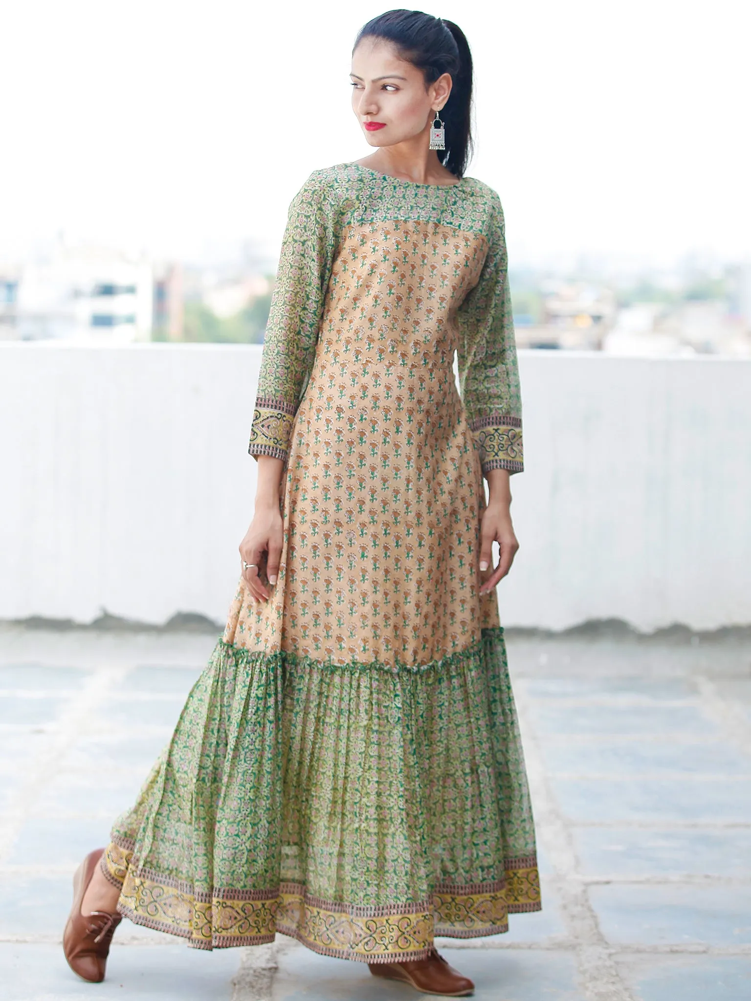 Pastel Complements - Hand Block Printed Long Chanderi Silk Dress - D354F1924