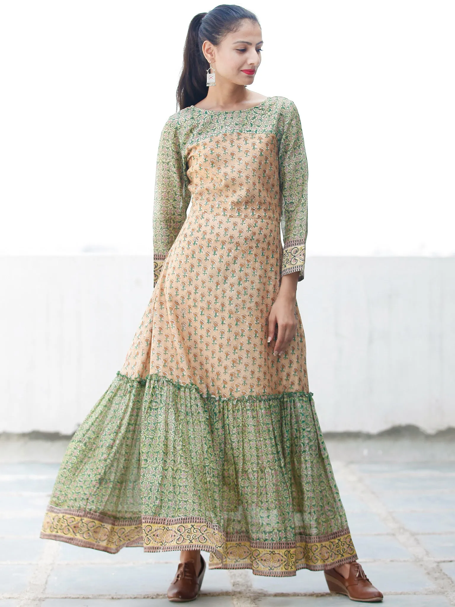 Pastel Complements - Hand Block Printed Long Chanderi Silk Dress - D354F1924