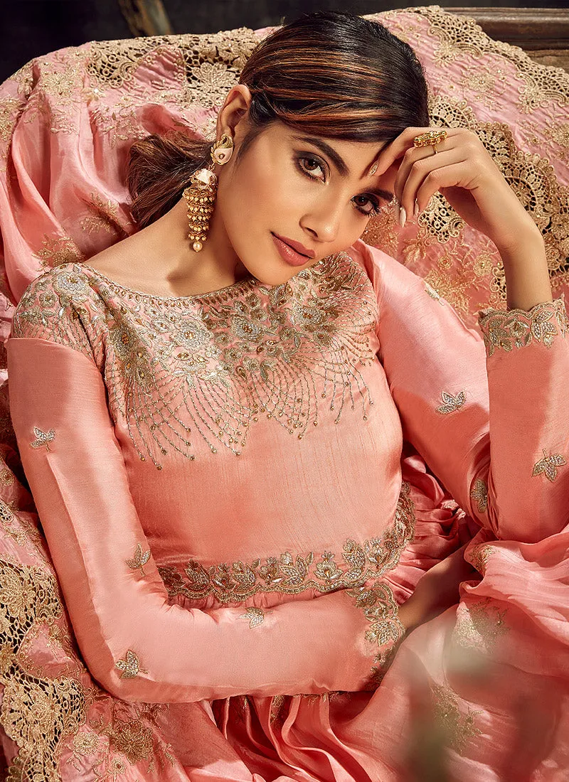 Peach And Gold Embroidered Layered Anarkali Suit