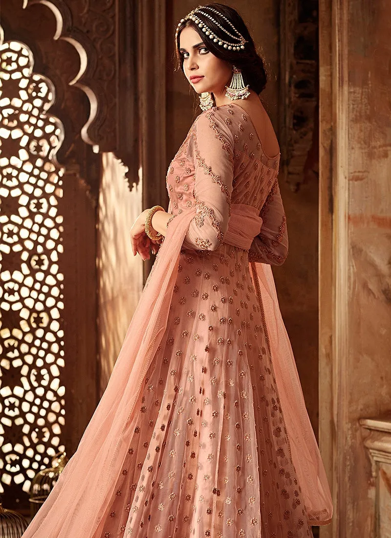 Peach Ethnic Embroidered Net Anarkali Suit