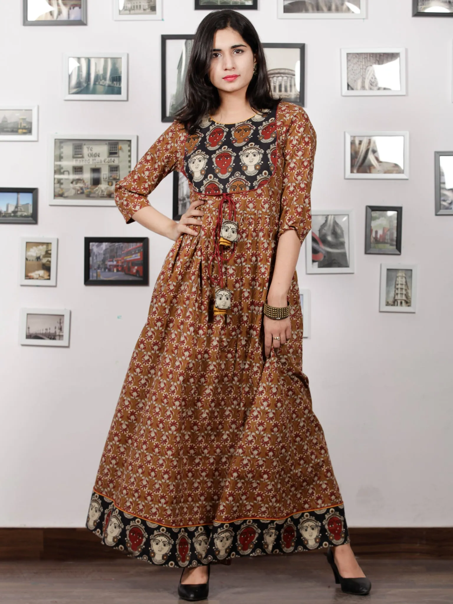 Peanut Brown Beige Maroon Black Hand Block KalamKari Printed Long Cotton Dress With Potli Tassels & side Pocket - D302F1491