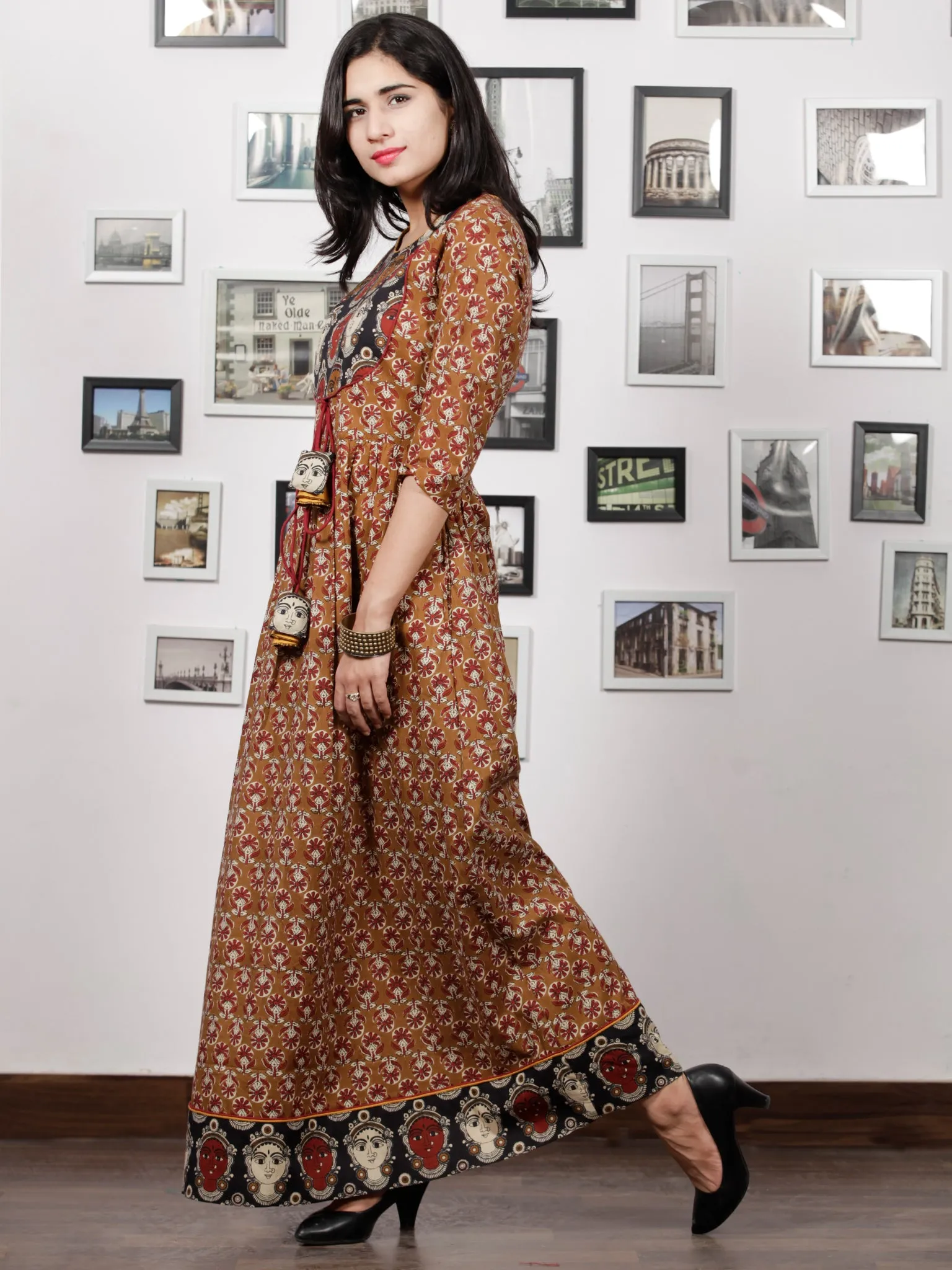 Peanut Brown Beige Maroon Black Hand Block KalamKari Printed Long Cotton Dress With Potli Tassels & side Pocket - D302F1491