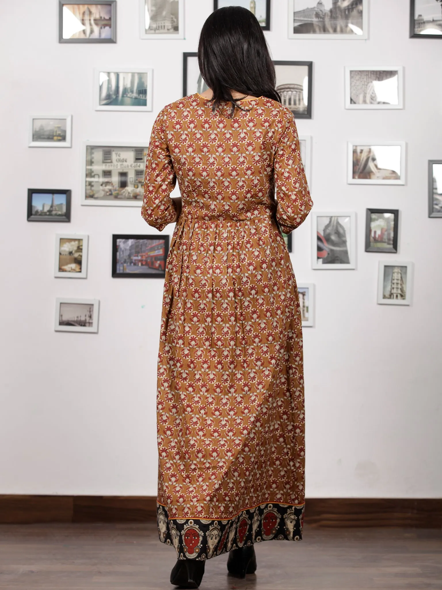 Peanut Brown Beige Maroon Black Hand Block KalamKari Printed Long Cotton Dress With Potli Tassels & side Pocket - D302F1491