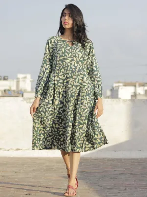 Pine Green Indigo Ivory Hand Block Printed Cotton Midi Dress With Knife Pleats - D101F605