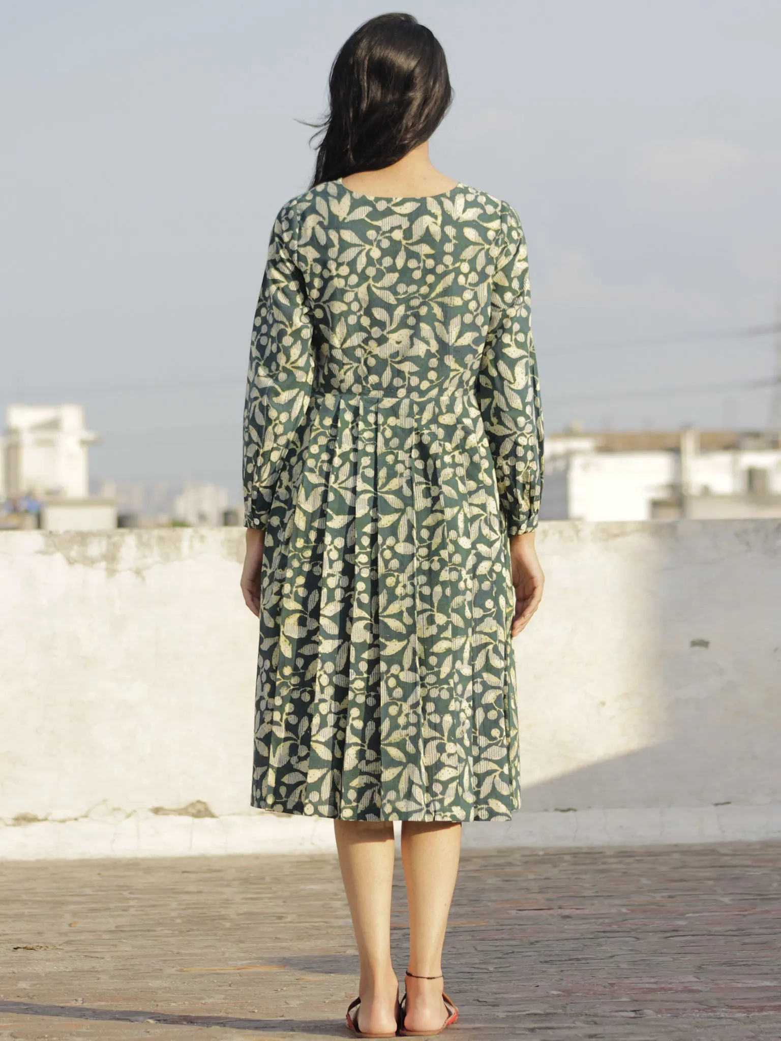 Pine Green Indigo Ivory Hand Block Printed Cotton Midi Dress With Knife Pleats - D101F605