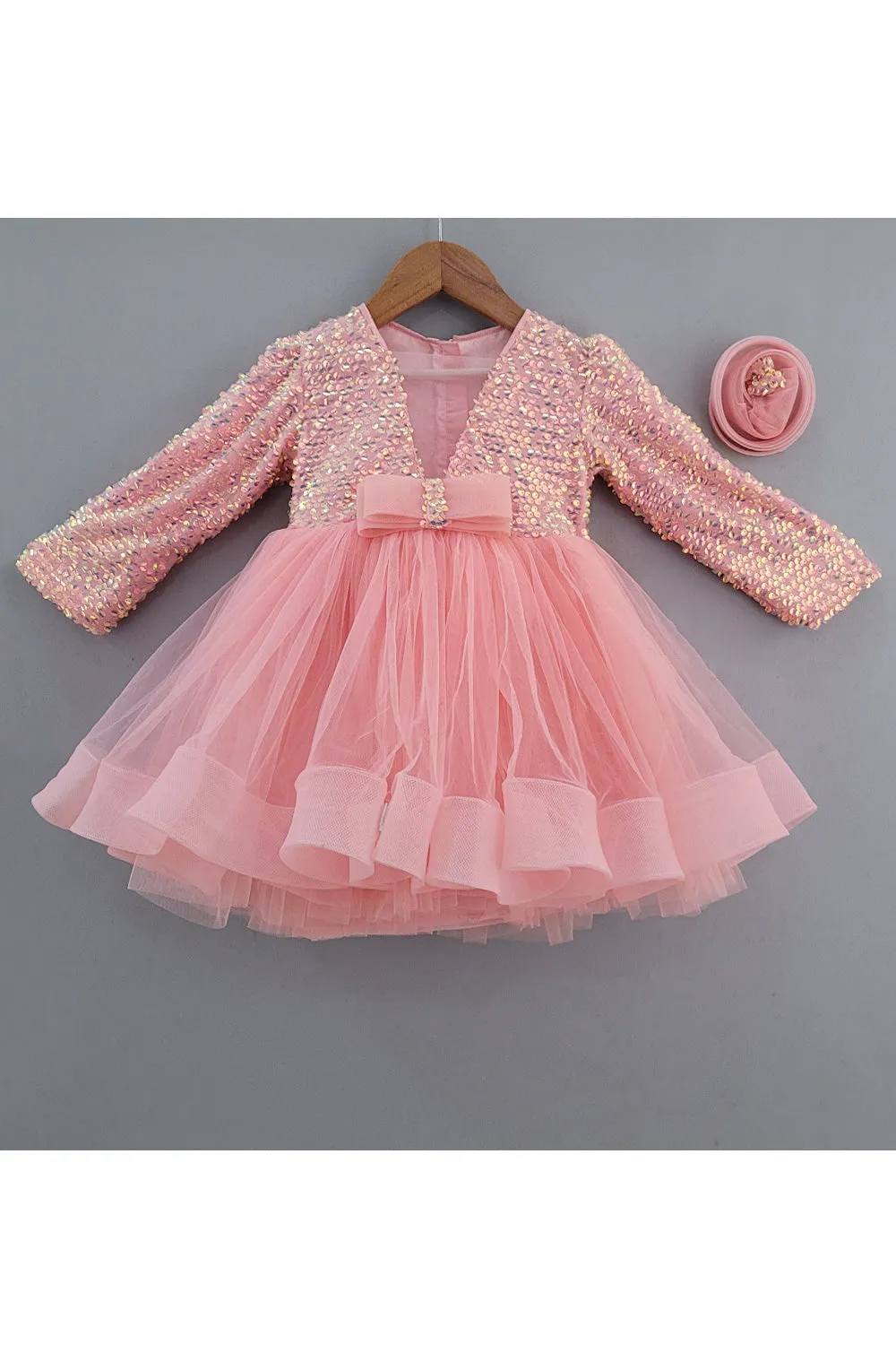 Pink Bow Sequins Embroidered Net Dress