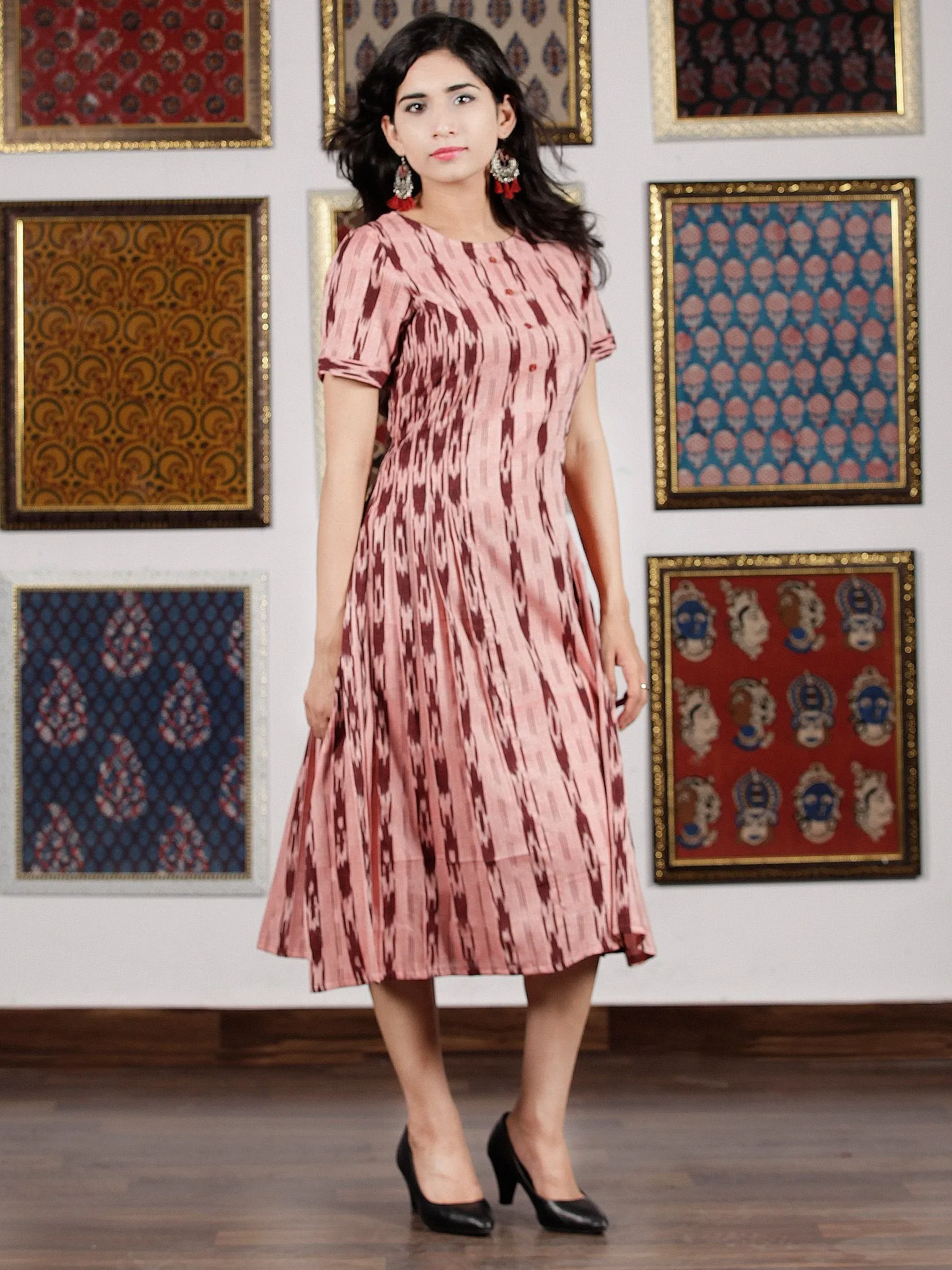 Pink Maroon Handwoven Ikat Dress With Princess Cut & Knife Pleates-  D278F1450