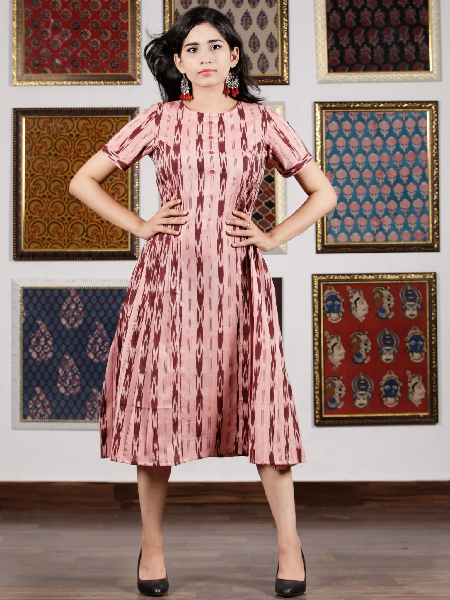 Pink Maroon Handwoven Ikat Dress With Princess Cut & Knife Pleates-  D278F1450