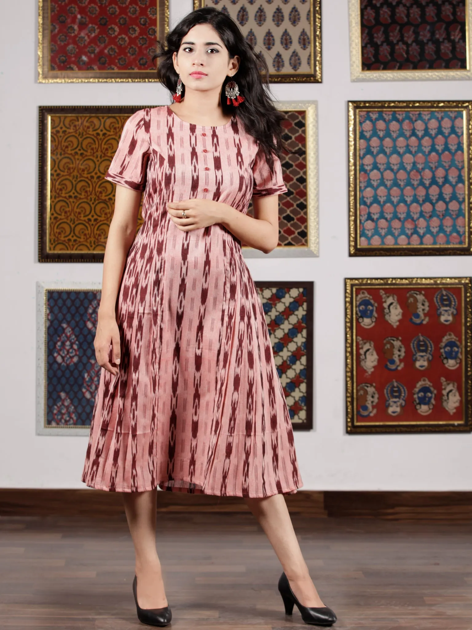 Pink Maroon Handwoven Ikat Dress With Princess Cut & Knife Pleates-  D278F1450