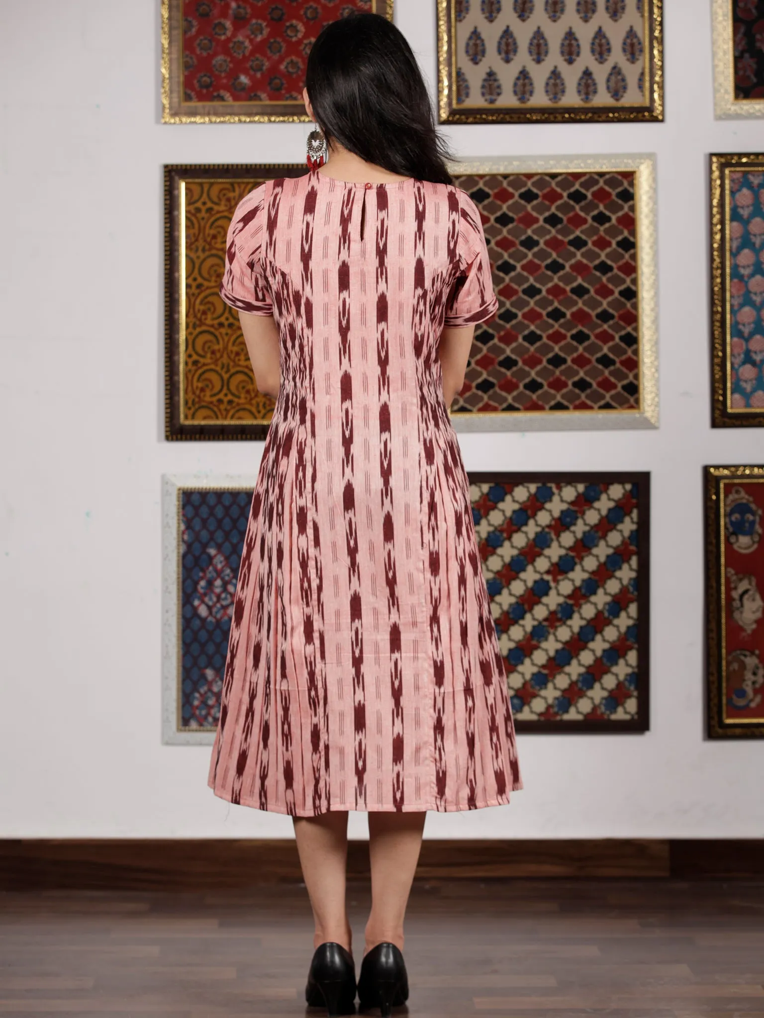 Pink Maroon Handwoven Ikat Dress With Princess Cut & Knife Pleates-  D278F1450