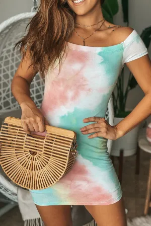 Pink Tie Dye Off Shoulder Short Dress