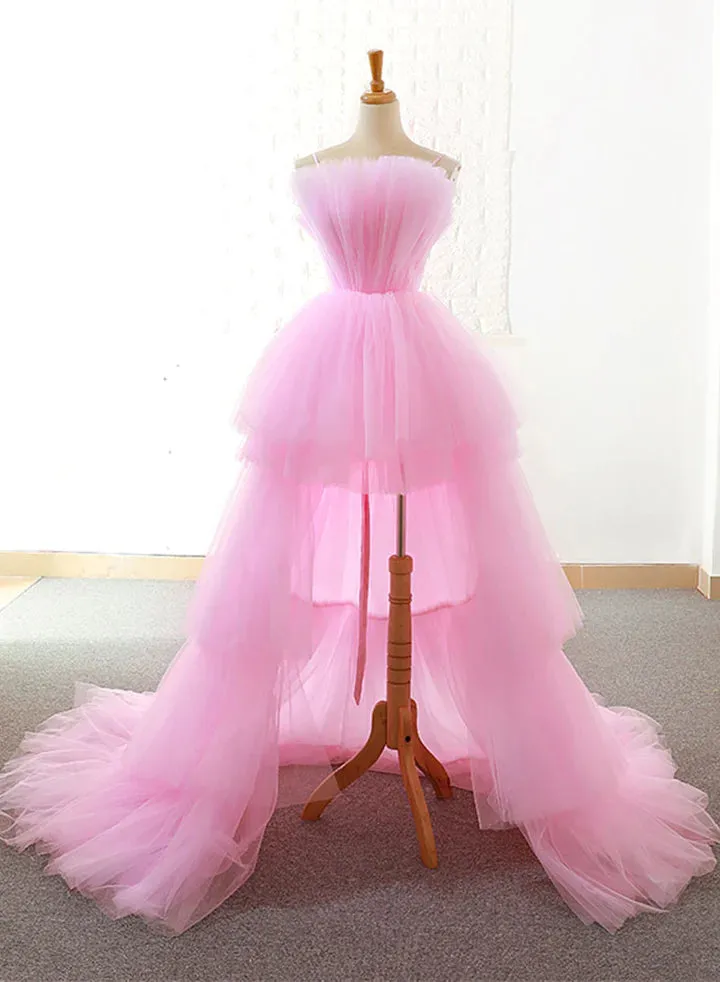 Pink Tulle High Low Layers Homecoming Dress, Pink Evening Dresses