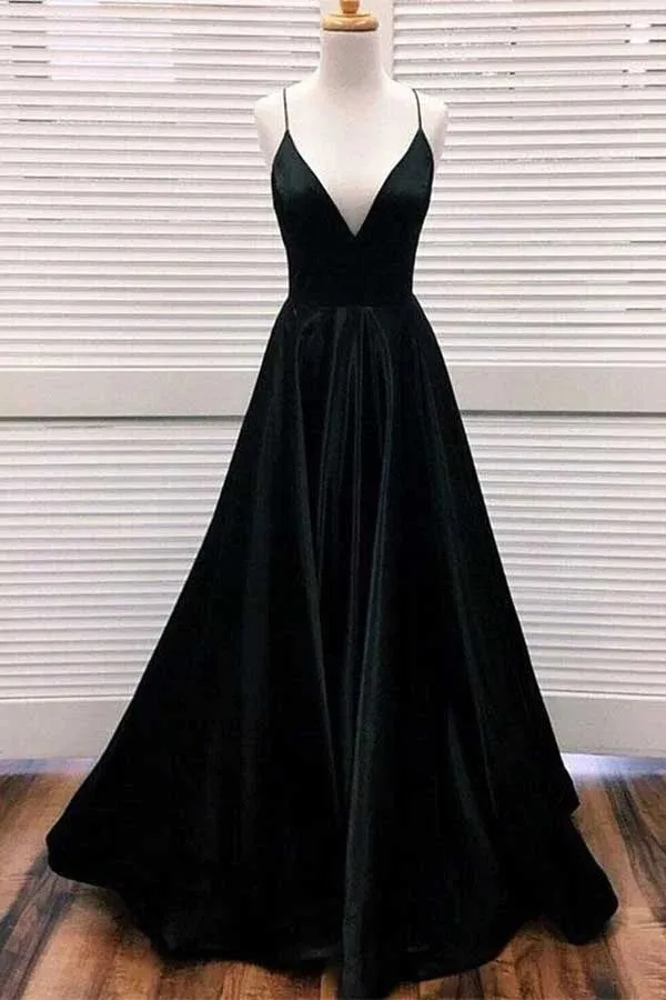 Pleats Black Long Prom Dresses