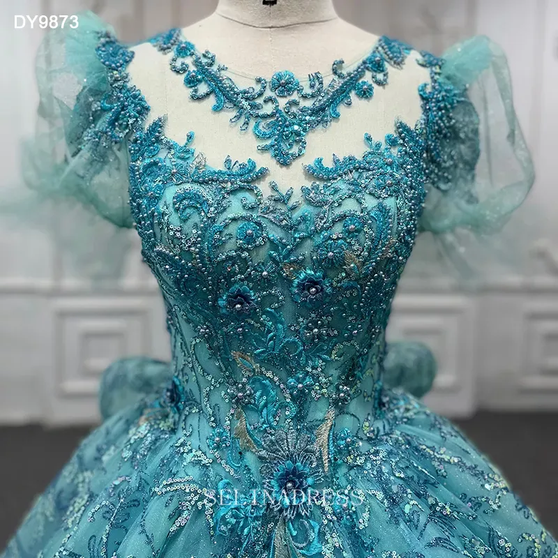 Princess Embroidery Puff Sleeve Blue Prom Ball Gown Bridal Evening Dress DY9873 Selinadress