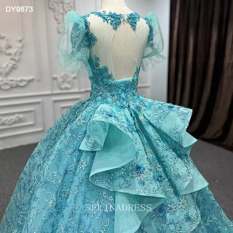 Princess Embroidery Puff Sleeve Blue Prom Ball Gown Bridal Evening Dress DY9873 Selinadress