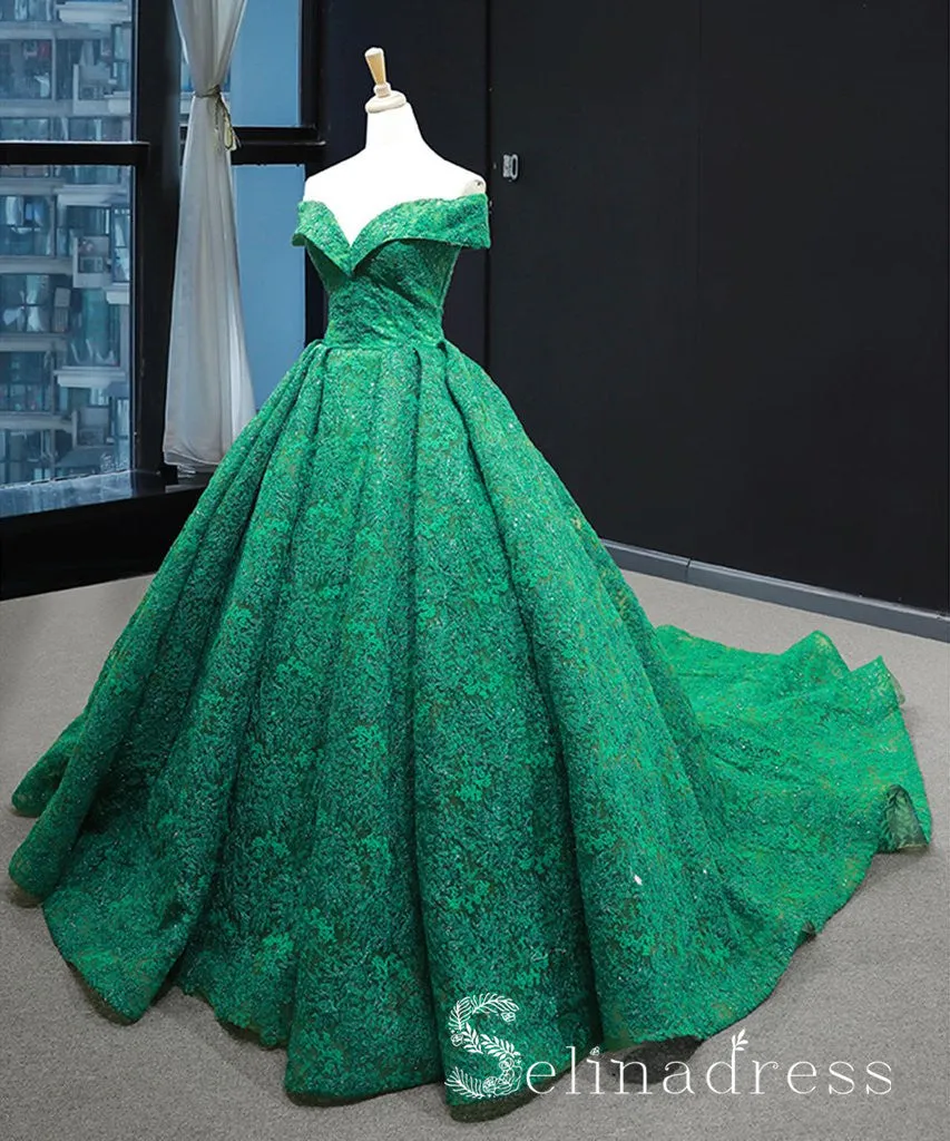 Real Picture Green Lace Sweep Train Custom Made Prom Dress Ball Gown Quinceanera Dress SED068