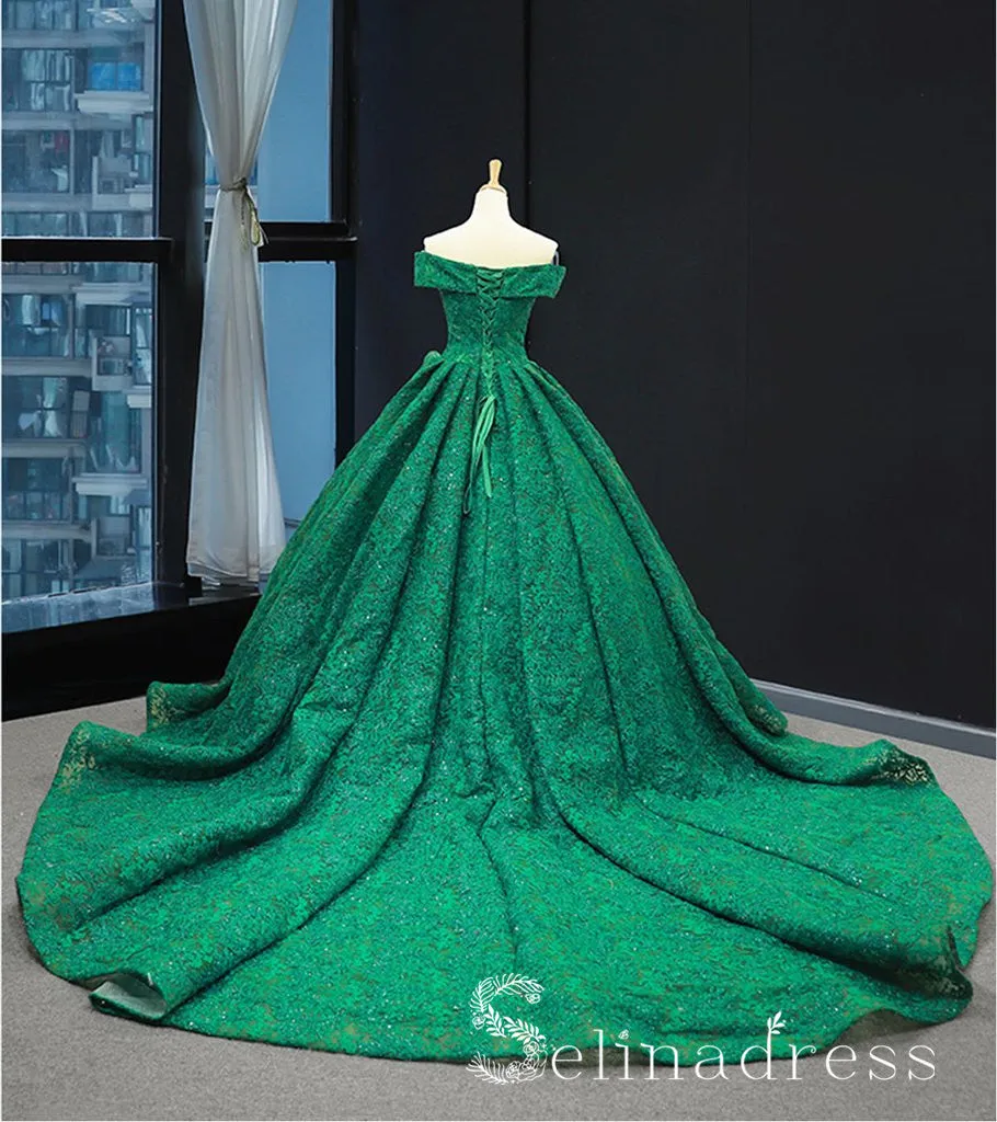 Real Picture Green Lace Sweep Train Custom Made Prom Dress Ball Gown Quinceanera Dress SED068