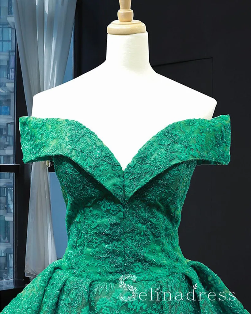 Real Picture Green Lace Sweep Train Custom Made Prom Dress Ball Gown Quinceanera Dress SED068