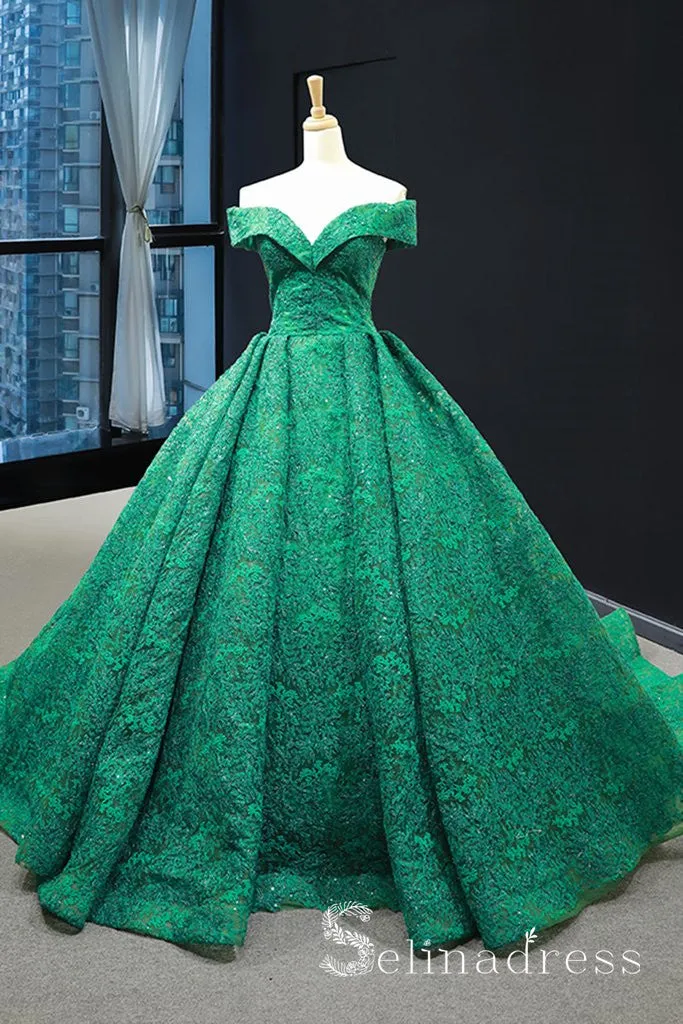 Real Picture Green Lace Sweep Train Custom Made Prom Dress Ball Gown Quinceanera Dress SED068