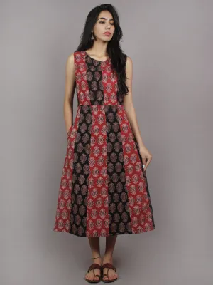 Red Black Maroon Beige Ajrakh Printed Cotton Sleeveless Dress With Side Pockets - D4562701