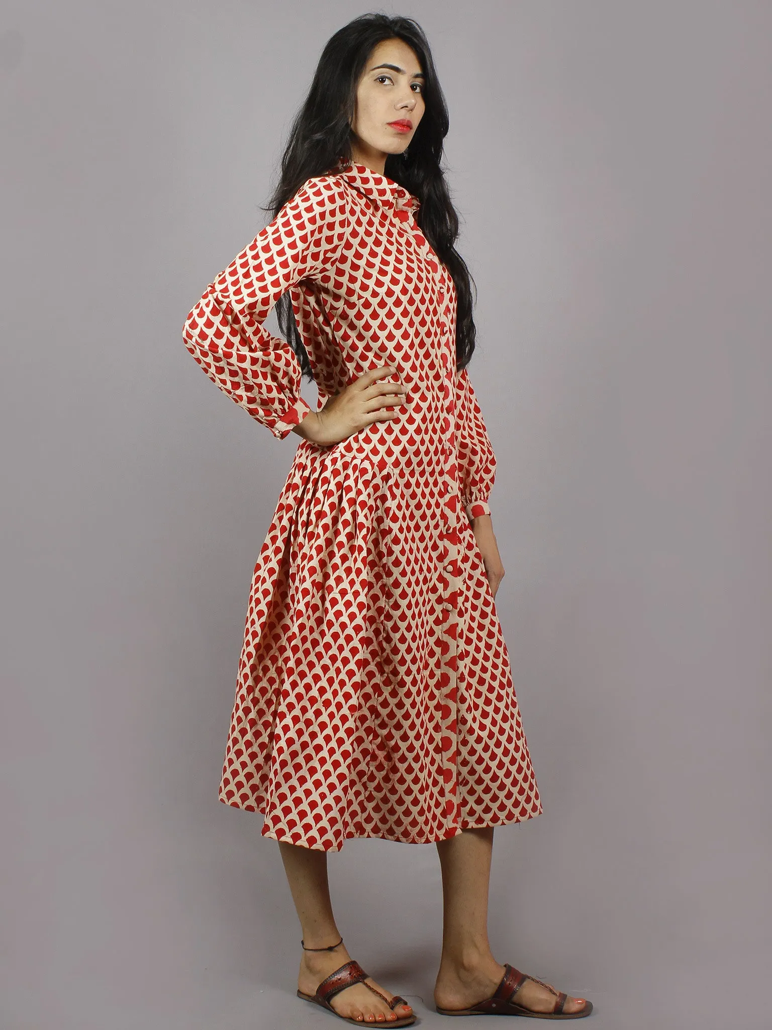 Red Ecru Hand Block Cotton Front Open Dress With Side Pleats & Shirt Collar - D4948501