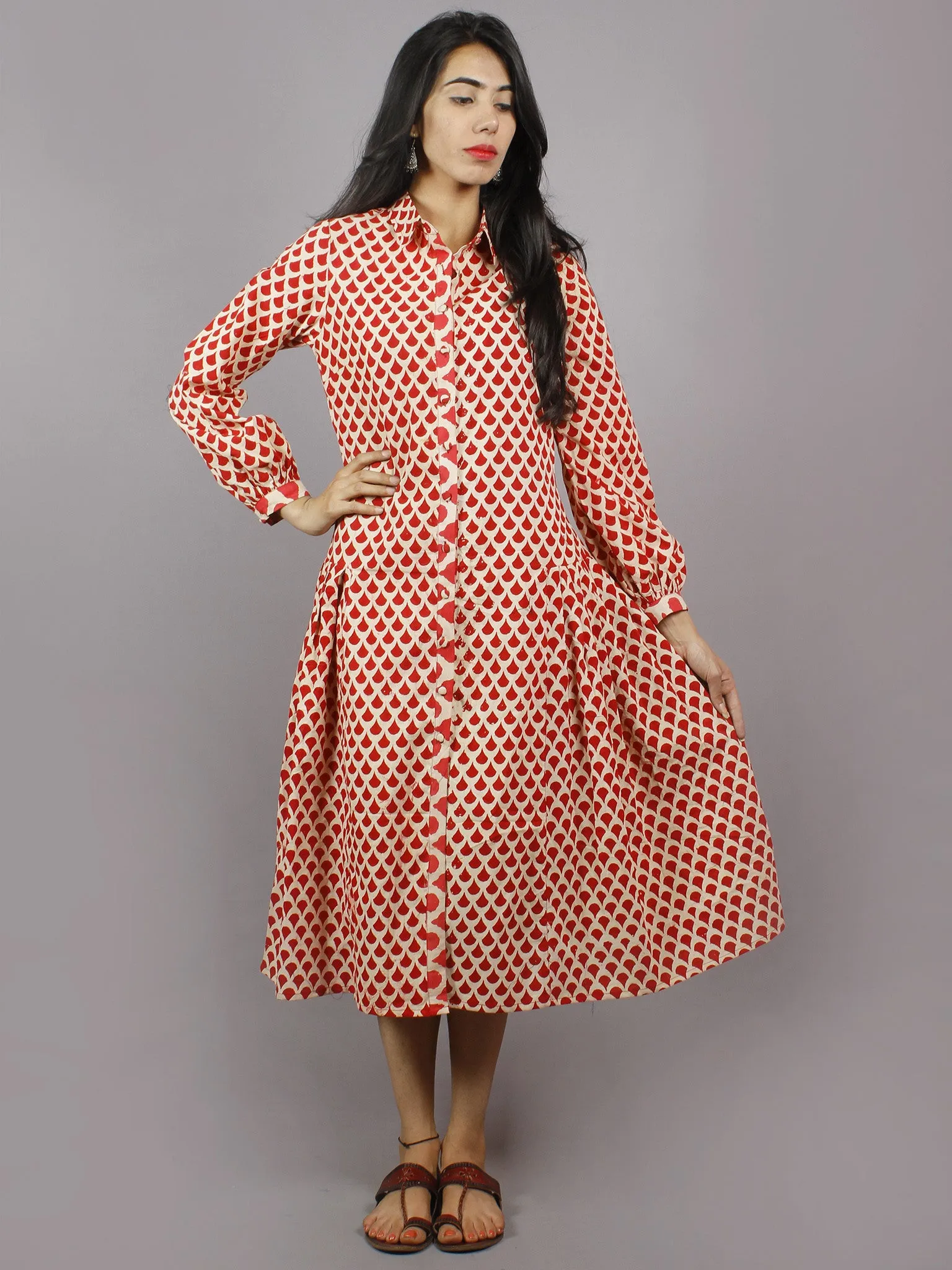 Red Ecru Hand Block Cotton Front Open Dress With Side Pleats & Shirt Collar - D4948501