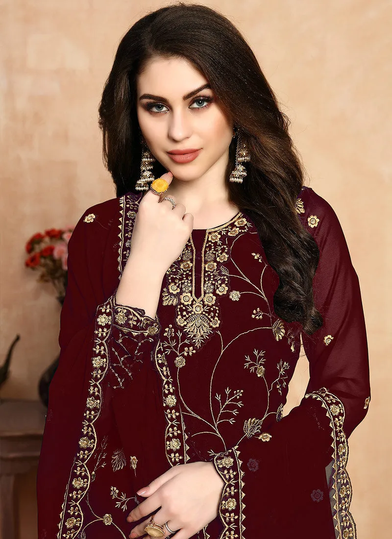 Red Golden Embroidered Designer Sharara Style Suit