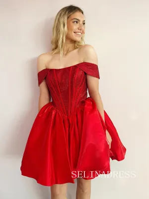 Red Sparkly Off-the-shoulder Short Homecoming Dresses Hoco Dress #TKL1909