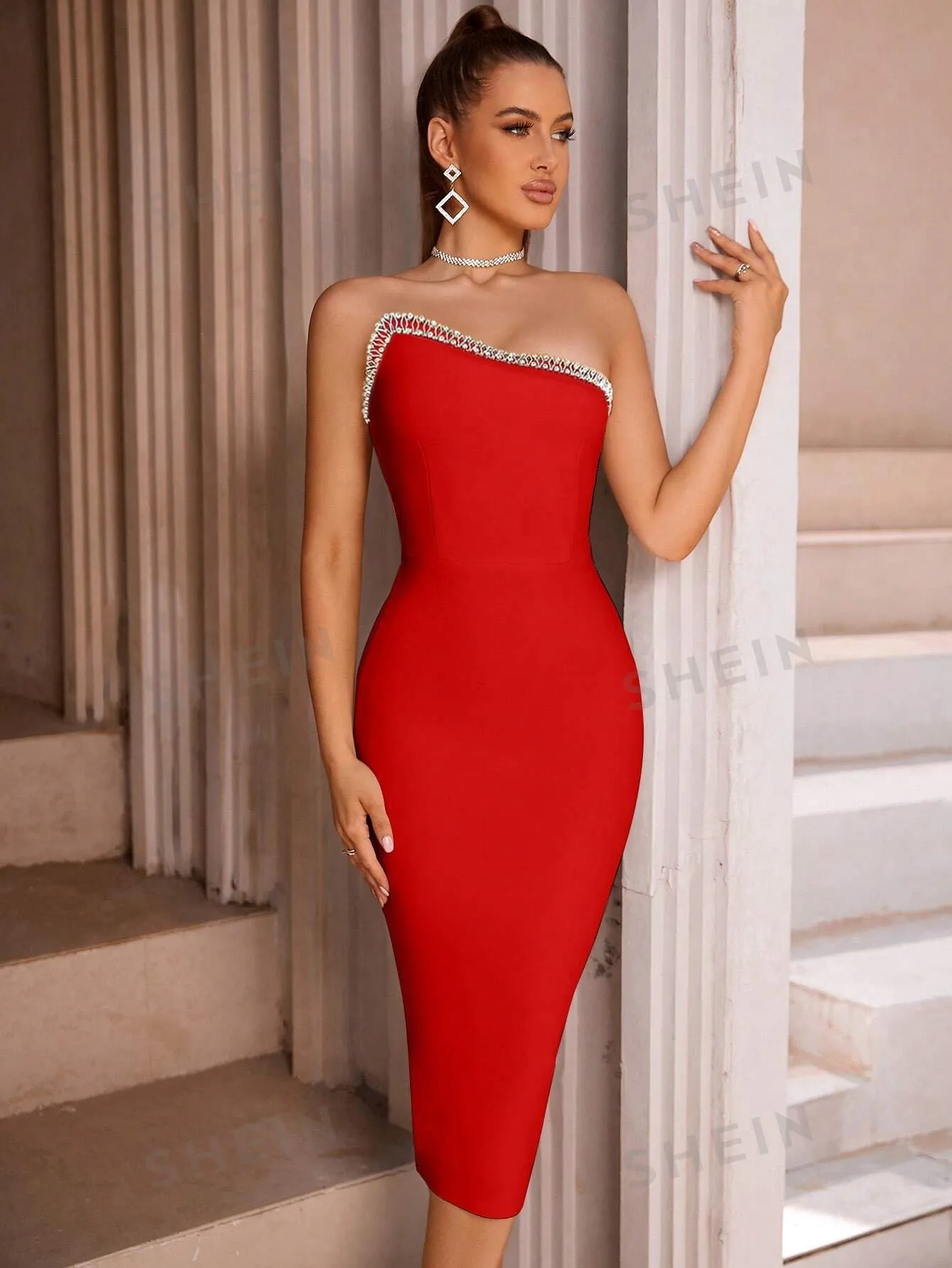 Rhinestone Detail Tube Bodycon Cocktail Dress