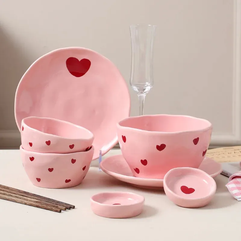 Romantic Pink Heart Ceramic Bowl and Plate