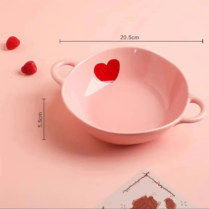 Romantic Pink Heart Ceramic Bowl and Plate