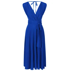 Royal Blue Crossover Top Empire Waist 50s Swing Cocktail Dress