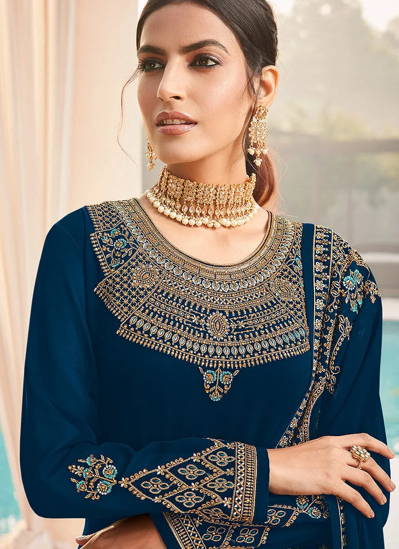 Royal Blue Embroidered Churidar Suit