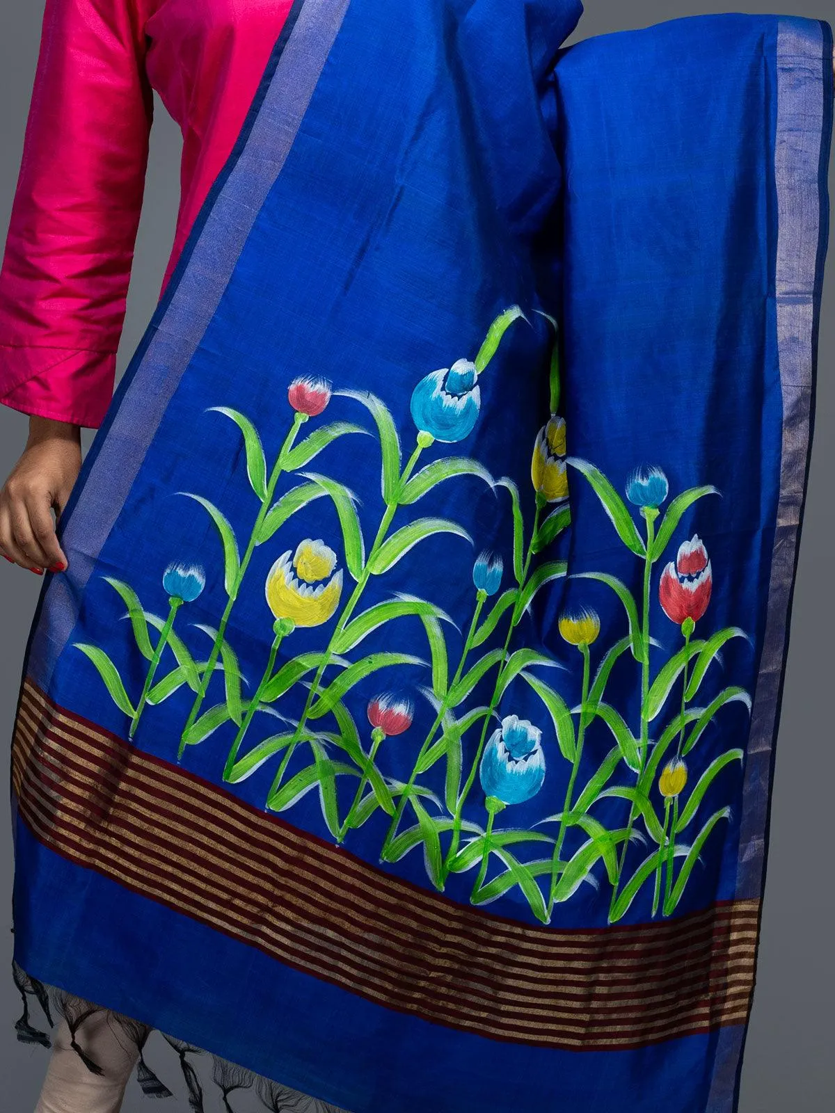 Royal Blue Hand Painted Bishnupuri Katan Silk Dupatta