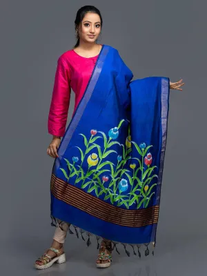 Royal Blue Hand Painted Bishnupuri Katan Silk Dupatta