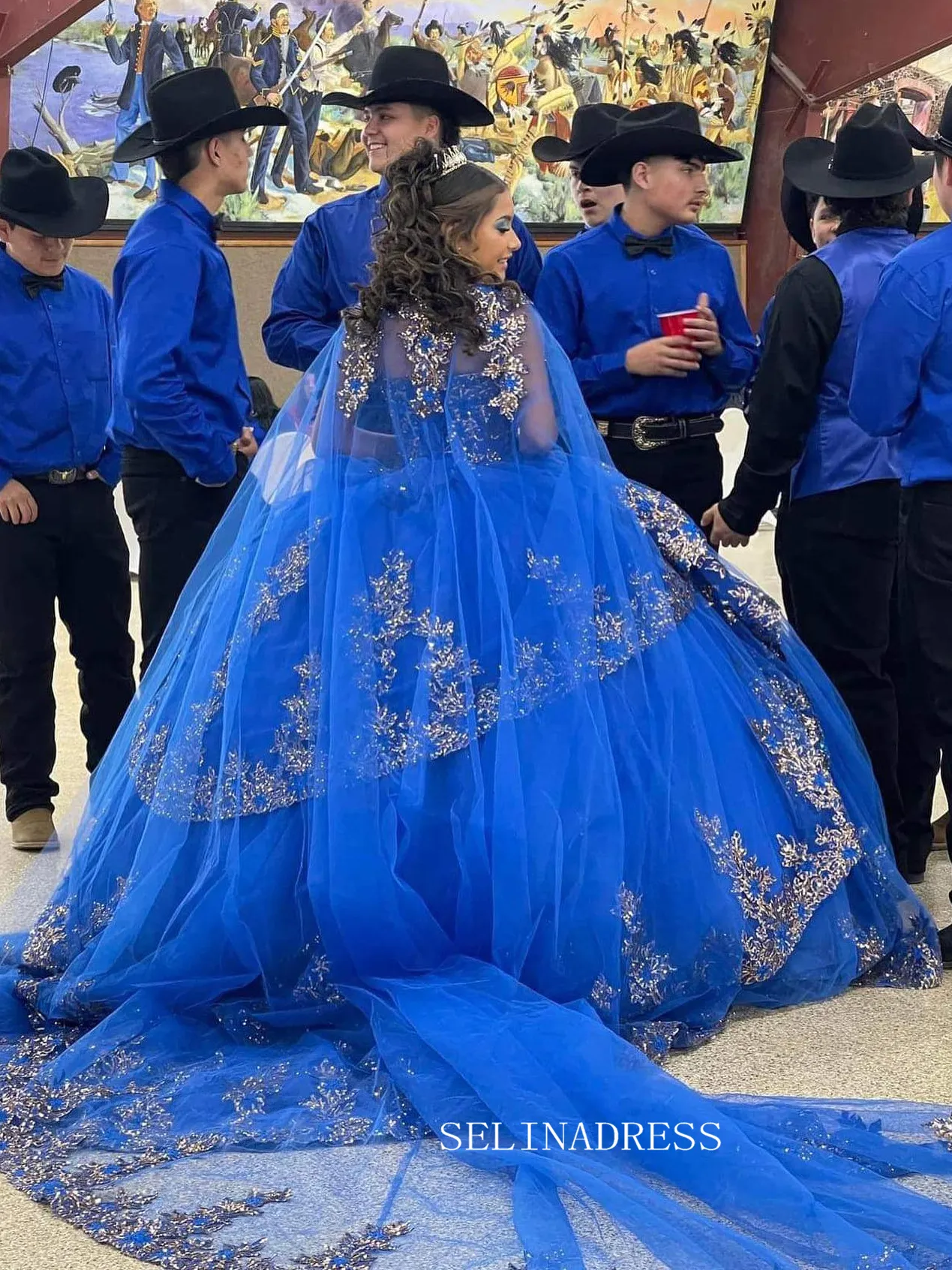 Royal Blue Quince Dress with Cathedral Train Cape Princess Wedding Dress Evening Gowns sew1093