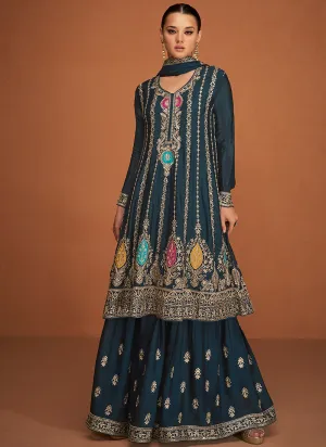 Royal Blue Sequence Embroidery Sharara Style Suit