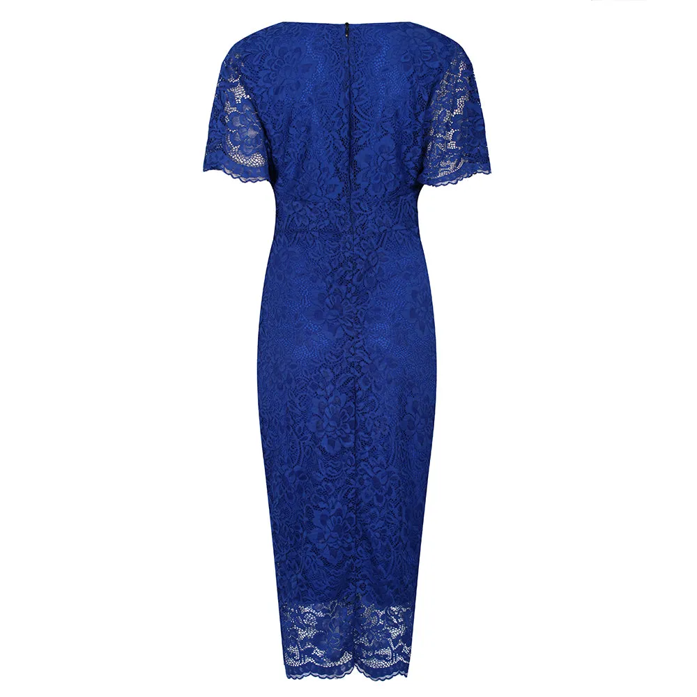 Royal Blue Vintage Lace Detail Bodycon Midi Pencil Dress