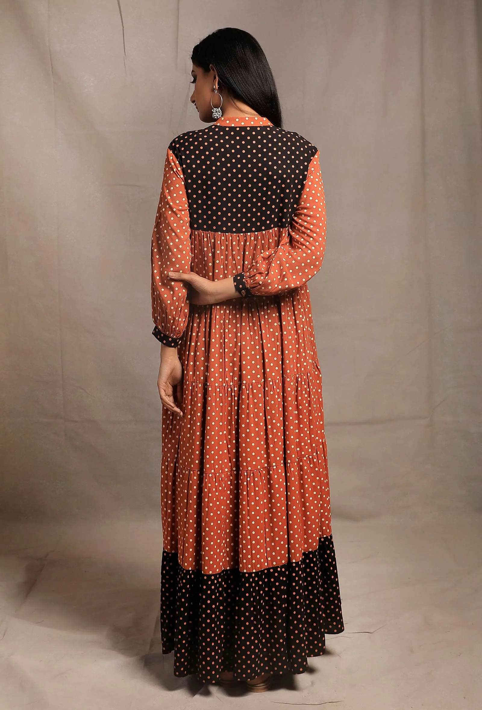 Rust Orange Contrast Printed Tier Long Dress