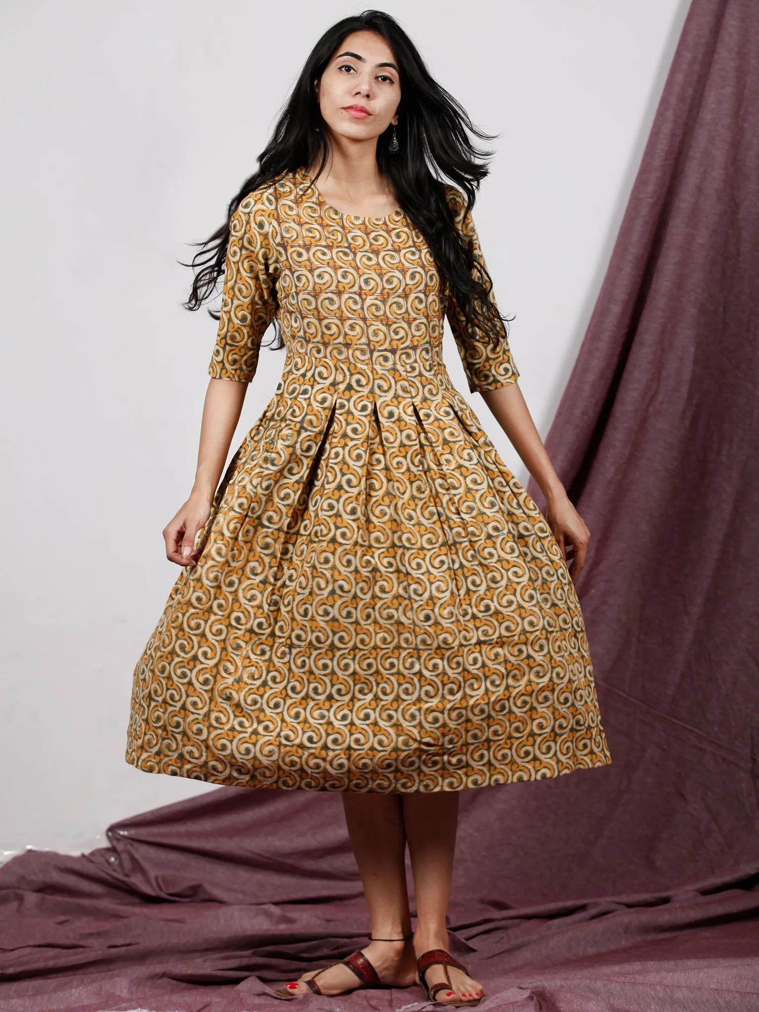 Rust Orange Grey Ivory Hand Block Printed Midi Length Dress - D223F1325